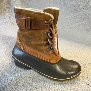 Sorel Fancy Lace II Boots Womens 10 Brown Suede Leather Duck Snow Mid Calf